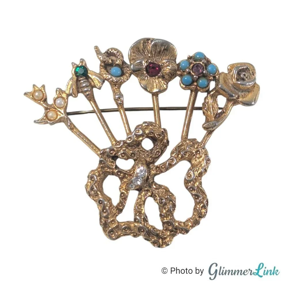 Vintage Victorian Revival Stick Pin Cluster Brooch Floral Bee Design 1960s